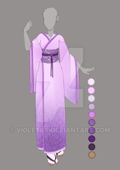 an animation character wearing a purple and black kimono, standing in front of color swatches