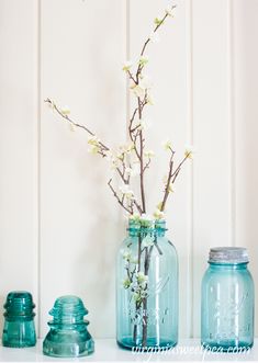 three jars with flowers in them sitting on a shelf next to two salt and pepper shakers