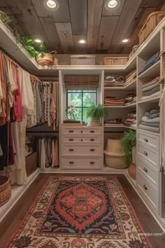 a walk in closet with lots of drawers and rugs on the floor next to it