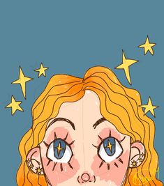 a drawing of a girl with blue eyes and stars on her head, looking up at the sky