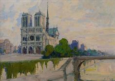 an oil painting of a large cathedral next to a river