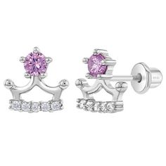 Dress up your little princess with these adorable princess crown earrings for little girls.  It features clear and pink cz stones and is crafted in 925 sterling silver, making them safe for sensitive skin and hypoallergenic. The posts are threaded and feature a safety back system to ensure your child's earrings stay comfortably in place.  These toddler & young girl earrings make a perfect gift for any occasion as well as for ever day fashion. Complimentary gift box is included for easy giving! Frozen Jewelry, Crown Kids, Crown For Kids, Crown Earrings, Slap Bracelets, Thread Earrings, Kids Earrings, Kids Necklace, Princess Crown