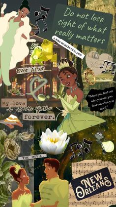 disney's princess and the frog collage is shown in this graphic art work