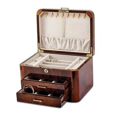 an open wooden jewelry box with two drawers