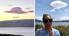 a woman in sunglasses standing next to a lake and an image of clouds above her