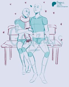 two people sitting on a bench with their arms around each other