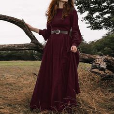 Solid color round collar long sleeves mid length dress for women Vintage Palace, Long Sleeve Cotton Dress, Maxi Dress Outfit, Salem Witch, Retro Pin Up, Neckline Dress, Medieval Fashion, Styl Retro, Sleeve Maxi Dress