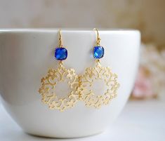 Gold Filigree Cobalt Blue Glass Chandelier Earrings, Gold Filigree Dangle Earrings, Blue and Gold Dr Mexican Blue, Navy Earrings, Opal Earring, Lavender Earrings, White Opal Earrings, Gold Filigree Earrings, Moroccan Jewelry, Cobalt Blue Earrings, Earring Hook