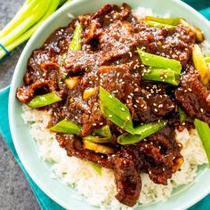 a bowl filled with beef and rice on top of a blue napkin next to green onions