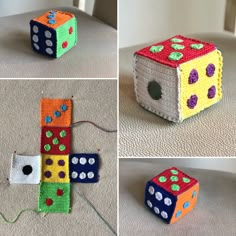 crocheted toys made to look like dices on the floor and in different colors