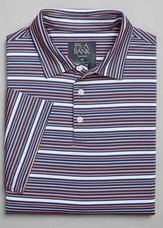 Bold variegated stripes in rich hues liven up the look of the classic polo. From the Traveler Collection, ours is made from specially treated fabric that resists stains and wrinkles. Tailored Fit. Three-button placket. Reinforced neckline. Smooth, pocketless front. Polyester blend. Machine washable. Imported. * 95%POLYESTER 5%SPANDEX * TAILORED * IMPORTED FROM CHINA * UV PROTECTION * QUICK DRY * ANTI-MICROBIAL Classic Striped Polo Shirt, Fitted Striped Polo Shirt, Fitted Striped Polo Shirt For Summer, Summer Fitted Striped Polo Shirt, Striped Polo Shirt With Polo Collar For Golf, Classic Striped Collared Polo Shirt, Classic Polo Collar Top With Horizontal Stripes, Classic Top With Horizontal Stripes And Polo Collar, Navy Classic Top With Horizontal Stripes