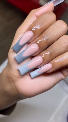 Different Shades Of Grey Nails, Grey French Tip Nails Coffin, Shades Of Grey Nails Acrylic, Grey And Pink French Tip Nails, Pink And Gray French Tip Nails, Grey French Tips Nails, Gray Nails French Tips, Light Grey Acrylic Nails Designs, Grey And White French Tip Nails