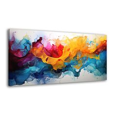 an abstract painting on the wall with colorful paint splattered in it's colors