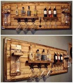 two wooden shelves with bottles and glasses hanging on the wall next to eachother