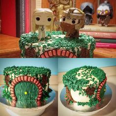 there is a cake made to look like a hobbot house with two figurines on top