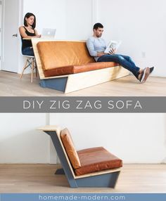 two photos of a man and woman sitting on a couch with the caption diy zig zag sofa