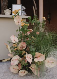 some pink flowers and green plants in front of a building