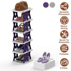 a purple shoe rack with shoes on it and instructions to put them in the closet