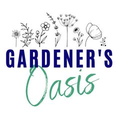 the gardener's oasis logo with flowers and plants around it on a white background