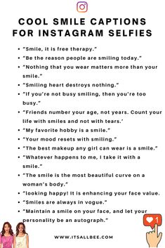 a poster with the words cool smile captions for instagram selfies on it