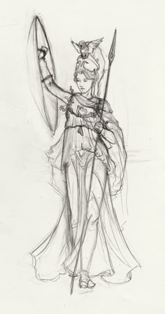 a drawing of a woman with a bow and arrow in her hand holding a shield