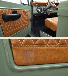 the inside and outside view of an old truck with tan leather seats, steering wheel and dashboard