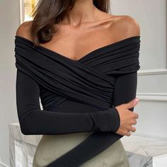 Unleash your sophisticated side with our Off Shoulder Top. This luxurious piece showcases a stylish front cross design and long slim-fit sleeves, perfect for any fashion-forward woman. Elevate your wardrobe with this exclusive top, a must-have for any elegant occasion. Crop Top Autumn, Womens Onesie, Elegant Tops, Off Shoulder Romper, Off Shoulder Jumpsuit, Off Shoulder Shirt, Shirts Women Fashion, Off Shoulder Crop Top, Slim Fit Top