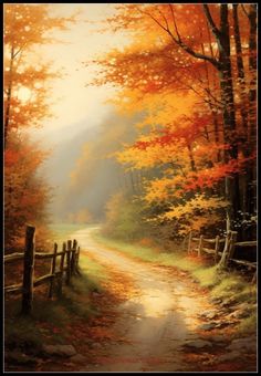 a painting of a country road in the fall