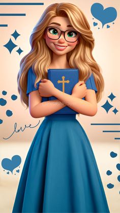 a cartoon girl wearing glasses and holding a blue book in her hands with hearts around her