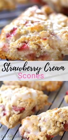 strawberry cream scones on a cooling rack with text overlay that reads, strawberry cream scones