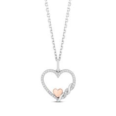 Show your love with this engaging diamond heart-in-heart necklace. Crafted in sterling silver, this loving necklace features a 10K rose gold heart held inside a stylized open heart lined with round diamonds. The pendant has a total diamond weight of 1/10 carat, and the 16-inch cable chain with 2 inch extender fastens with a lobster clasp. © HMK. LIC. Sketch Jewelry, Heart Pendent, Heart Necklace Diamond, Rose Gold Heart, Heart Pendant Diamond, Open Heart, Accessories Jewelry Necklace, Gold Heart, Pretty Jewellery