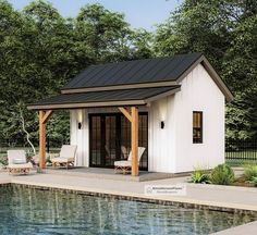 a small white house with a pool in the background