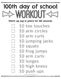 a printable worksheet for the 100th day of school workout