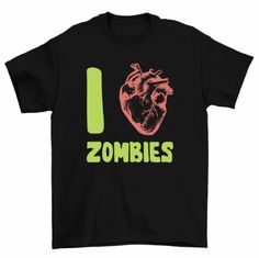 i heart zombies t - shirt in black with neon green and pink print on the front