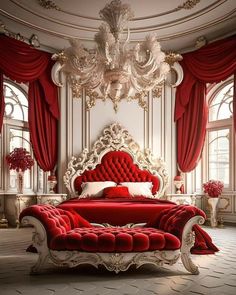 a red and white bedroom with an ornate bed