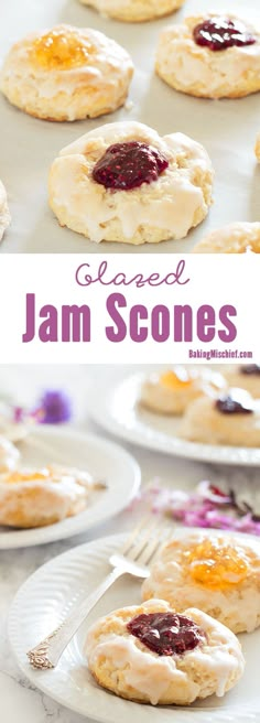 jam scones on white plates with pink flowers and text that reads glazed jam scones