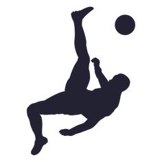 the silhouette of a man reaching for a ball with his leg in the air, against a white background