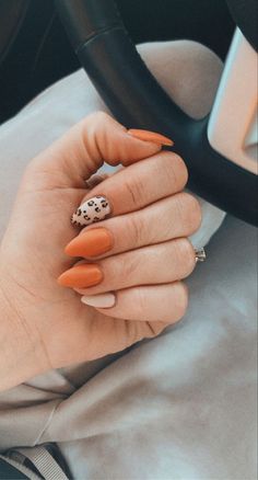 Nails Acrylic Burnt Orange, Burnt Orange Nails Fall Short, Orange Nails Leopard, Burnt Orange Cheetah Nails, Trendy Orange Nails Fall, Burnt Orange Nails Acrylic With Design, Orange Nails With Leopard Print, Burnt Orange Fall Nails Acrylic, Leopard Print Nails Orange