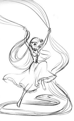 a drawing of a girl with long hair flying through the air while holding onto a string