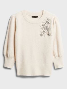 Embellished Puff-Sleeve Sweater | Banana Republic Styles For Living Room, Princess Wardrobe, Pearl Sweater, Scotland Trip, Snowflake Embroidery, Embellished Sweater, Holiday 2024, Embellished Shirt, Valentino Red