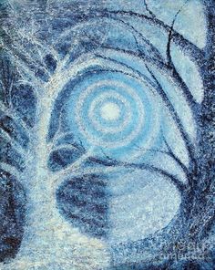 an artistic drawing of a tree in the middle of a forest with blue and white swirls