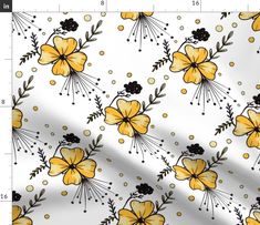 yellow flowers and leaves on white background with black dots in the bottom right hand corner