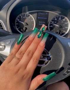 Bluish Green Nails Acrylic, Sparkly Green Ombre Nails, Green Reflective Glitter Nails, Ombre Emerald Green Nails, Green Reflective Nails, Green And Silver Nails Acrylic, Green Ombre Acrylic Nails, Green Acrylic Toes, Emerald Green Toe Nails