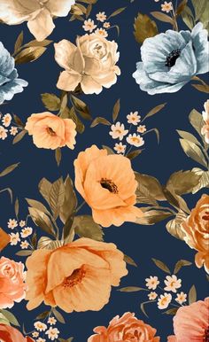 a blue background with orange and white flowers on it's sides is featured in this image