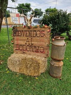 a wooden sign sitting on top of a lush green field next to a hay bale