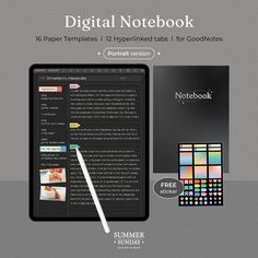 an image of a tablet with the text'digital notebook'on it and other items