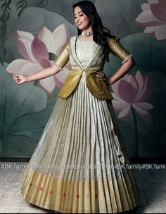 Gown Designs With Jacket, Pattu Gown Designs, Silk Long Dress Indian Style, Silk Saree Gown Designs, Latest Peplum Styles, Silk Dress Indian, Pattu Gown, Pleated Skirt And Top, Langa Jacket