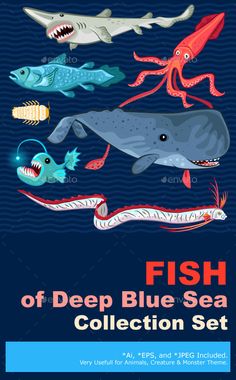 the deep blue sea collection set includes an octopus, shark, squid and other marine creatures