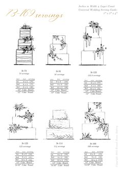 wedding cakes are shown in black and white, with the names on each tiers