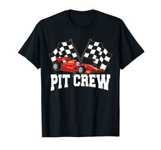 a black t - shirt with a red race car and checkered flag on it